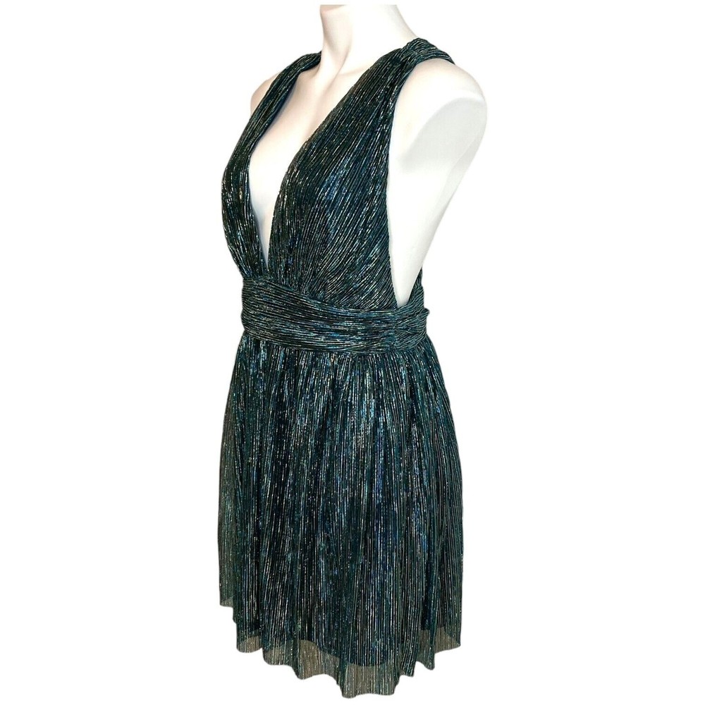 New LULUS Ailey Metallic Teal Twist Back Skater Dress Womens Size L‎ Mini Party - Picture 9 of 12